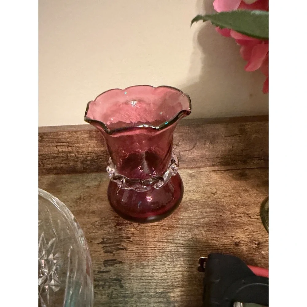 Vintage Cranberry Glass Swirl Bud Vase Ruffled Rim Clear Rigaree Art Glass Pink